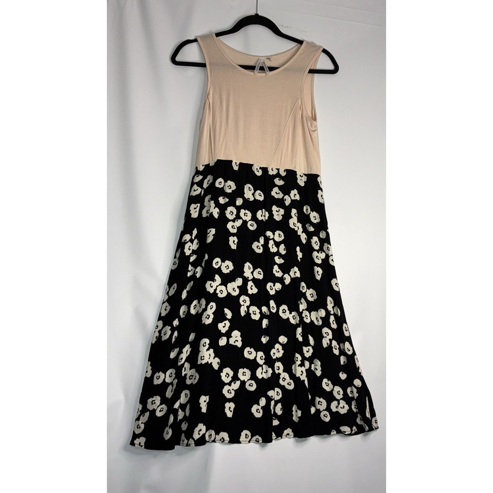 Seraphine Beige Tank Black Sz 4 Floral Print‎ Sleeveless ALine Maxi Dress Cotton